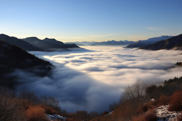 Wall Mural - Cloud inversion in the mountain peaks generative AI