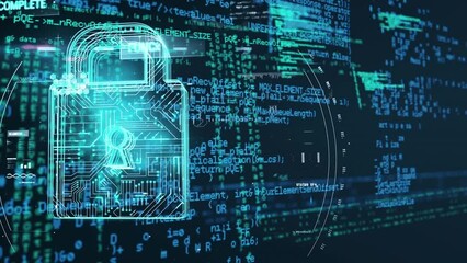 Poster - Animation of circuit board pattern in padlock over computer language against black background