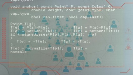 Poster - animation of computer language over profile icons against white background
