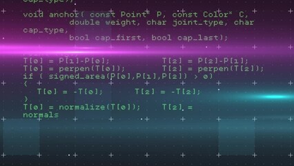 Poster - Animation of multicolored lens flares over computer programming language on abstract background