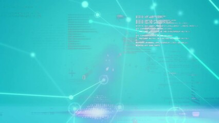 Poster - Animation of connected dots over computer language and binary codes against abstract background