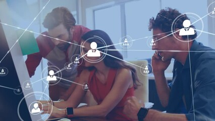 Poster - Animation of network of connections with icons over diverse business people discussing work
