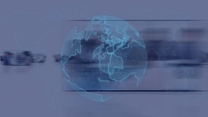 Poster - Animation of world map and globe over diverse business people talking on white background
