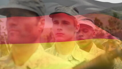 Poster - Animation of flag of germany over diverse male soldiers with weapon