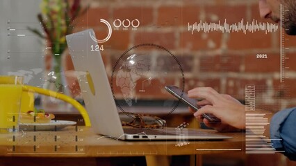Poster - Animation of globe in circle, map, loading circles over caucasian man using cellphone and laptop