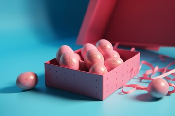 Wall Mural - Pink Easter eggs in gift box on blue background. 3D rendered illustration. Generative AI