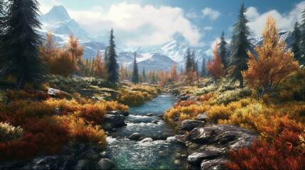 Wall Mural - A digital painting of a river in the mountains