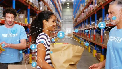 Poster - Animation of network of connections with icons over diverse volunteers in warehouse
