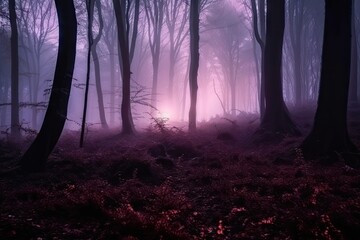 Wall Mural - dark purple forest with mysterious fog and glowing lights, created with generative ai