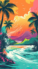 Wall Mural - A painting of a tropical scene with palm trees. Generative AI.