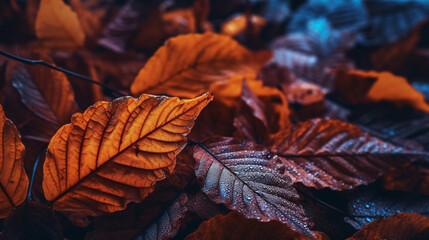 Poster - A pile of autumn leaves with the word autumn on the bottom left.