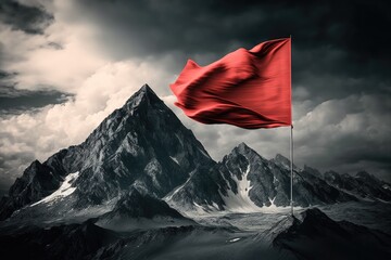 Wall Mural - peak with red flag and mountain range in the background, created with generative ai