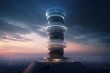 futuristic and conceptual tower, with view of futuristic cityscape, created with generative ai