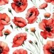 Red Poppy Flowers on White Background Seamless Repeating Tile Poppies Floral Pattern Watercolor-Style Illustration [Generative AI]