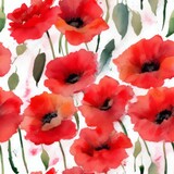 Fototapeta Maki - Poppies on White Background, Seamless Poppy Flowers Repeating Tile Floral Pattern Watercolor-Style Illustration [Generative AI]