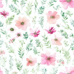  Pressed Pink Flowers and Greenery on White Backdrop Seamless Repeating Tile Floral Pattern Watercolor-Style Illustration [Generative AI]
