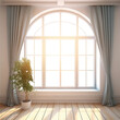 Sunny Modern Empty Interior With Arched Window. Transparent Glass. Room Mockup. Ai Generative