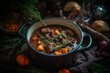 Hungarian braised venison stew with vegetables and herbs in a savory sauce, served in a designer Dutch oven. Generative AI
