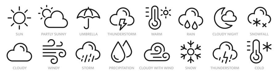Weather line icon collection. Weather forecast symbol. Weather, cloud, rain, snow, wind, hurricane, sun, moon, thermometer and more - stock vector.