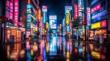 A night of the neon street at the downtown wide shot. Shinjuku district Tokyo Japan - Here is an electric quarter in Tokyo. It is center of the city in Tokyo. generative ai