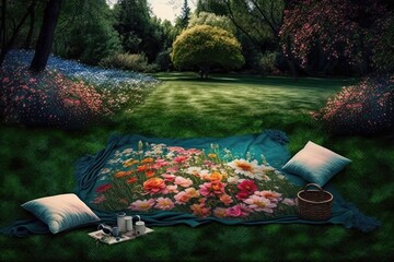 Wall Mural - picnic blanket spread on lush green lawn, surrounded by blooming flowers, created with generative ai