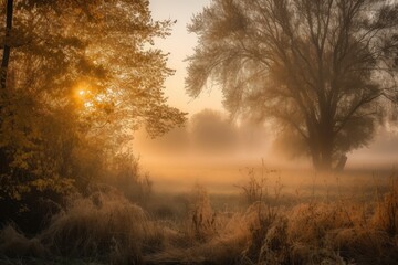 Wall Mural - misty morning, with the sun peeking over the horizon, trees in golden light, created with generative ai
