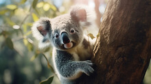 Beautiful Close-up Of A Cute Koala Hanging On A Eucalyptus Tree, Made With Generative AI