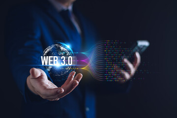 Web 3.0 concept. businessman hand show web 3.0 with globe. AI Technology global network, Future Technology Computer, Global Business Futuristic, website internet development Artificial Intelligence.