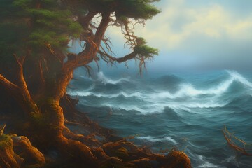 oil painting art , trees on the coast of the pacific ocean. Oil paint - generative ai
