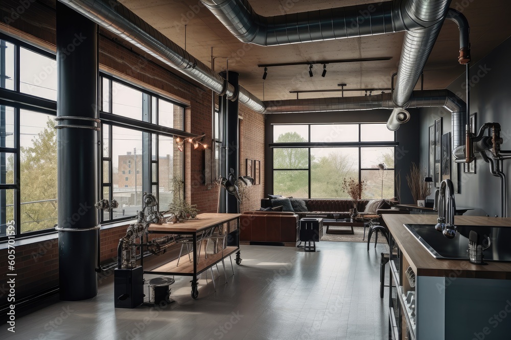 unusual industrial home with exposed pipes and ducts, open floor plan ...