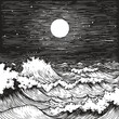 Night seascape of a stormy sea with moon and stars. Linear graphic drawing.