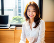 A charming Asian girl with a friendly demeanor dons a white shirt as she looks directly at the camera, her warm smile radiating joy and positivity. generative AI.