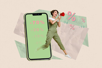 Poster - creative composite collage photo of excited funny positive woman announcing shopping sale from smart