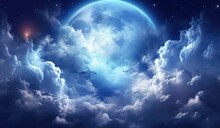 Beautiful Realistic Flight Over Cumulus Lush Clouds In The Night Moonlight. A Large Full Moon Shines Brightly On A Deep Starry Night.