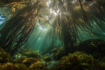 Canvas Print - wavy kelp forest, with schools of fish swimming among the fronds, created with generative ai