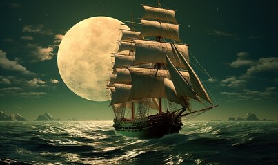 Wall Mural - beautiful landscape with a ship at night twilight