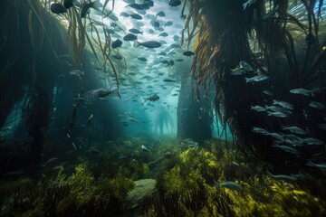 Sticker - schools of fish swimming among kelp forests, with schools above and below, created with generative ai