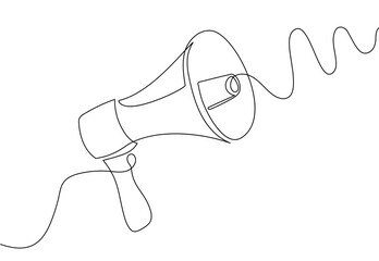 Speaker continuous line megaphone icon illustration sketch media art. Doodle art speaker voice microphone loudspeaker. Megaphone warning announces sound attention symbol. Vector illustration.