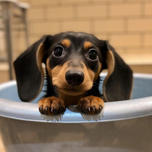Dachshund Dog Taking A Bath In A Sink