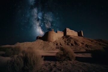 Poster - night sky above historic desert fort, with stars shining bright and moon visible, created with gener