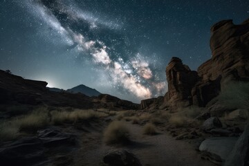 Wall Mural - night sky, with stars and moon shining above desert canyon, surrounded by towering rock formations, 