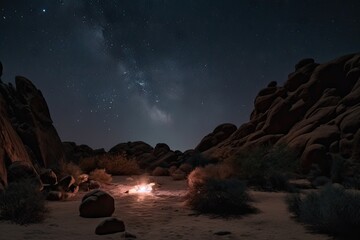 Canvas Print - nighttime desert hike with stars and moon overhead, and distant point of light that could be a campf
