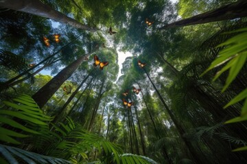 Wall Mural - group of butterflies flying in formation above lush forest, created with generative ai