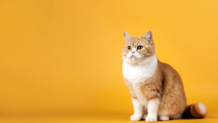 Wall Mural - Munchkin cat post on yellow background with copyspace (Generative AI)