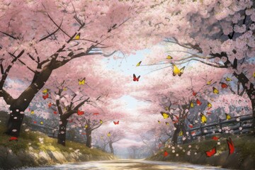 Wall Mural - cherry blossom garden, with blooms in full bloom and butterflies fluttering among them, created with generative ai