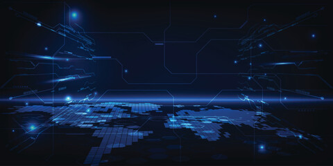 vector illustrations of blue futuristic world map or globe with circuit line connecting the dot.digi