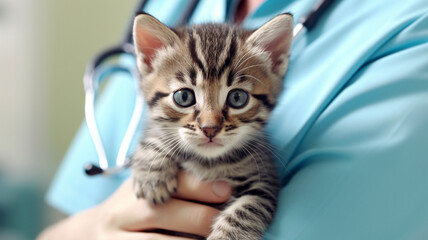 Cat in the hands of a doctor, veterinary clinic, treatment of animals, Generated AI