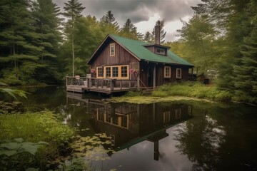 Wall Mural - cozy cabin retreat with view of tranquil lake, surrounded by beautiful nature, created with generative ai