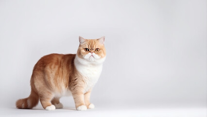 Wall Mural - Exotic shorthair cat post on white background with copyspace (Generative AI)