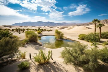 Wall Mural - desert oasis, with view of rolling dunes and blue sky, created with generative ai